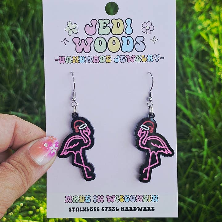 Orecchini pendenti retrò 'Neon' a forma di fenicottero per la vendita all'ingrosso da parte di Jedi Woods LLC