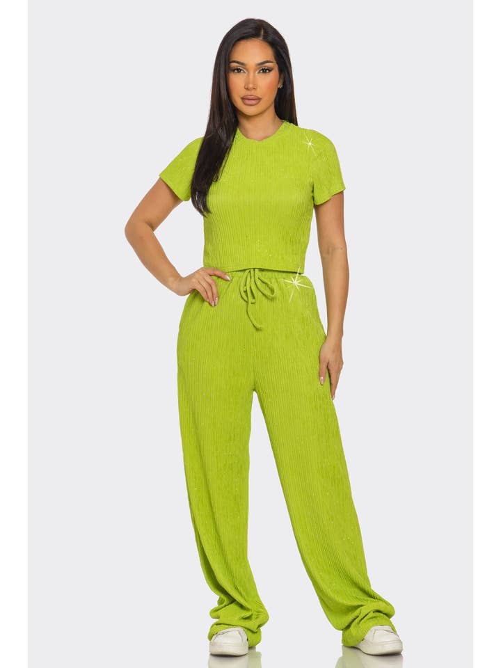 Rhinestone crop top en wijde broekenset voor wholesale door ITSSY