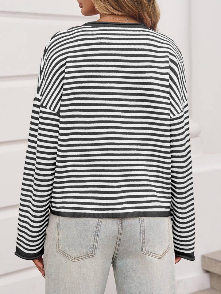 Suhkasana - Wholesale Cardigan - Women's - Striped Color Block Cardigan Sweater | Long Sleeve Casual Open Front20