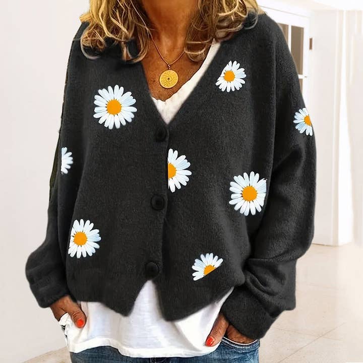 Sweetkama – Engroshandel Cardigan - Dame – Damecardigan med solsikke, V-hals og lange ærmer 2369
