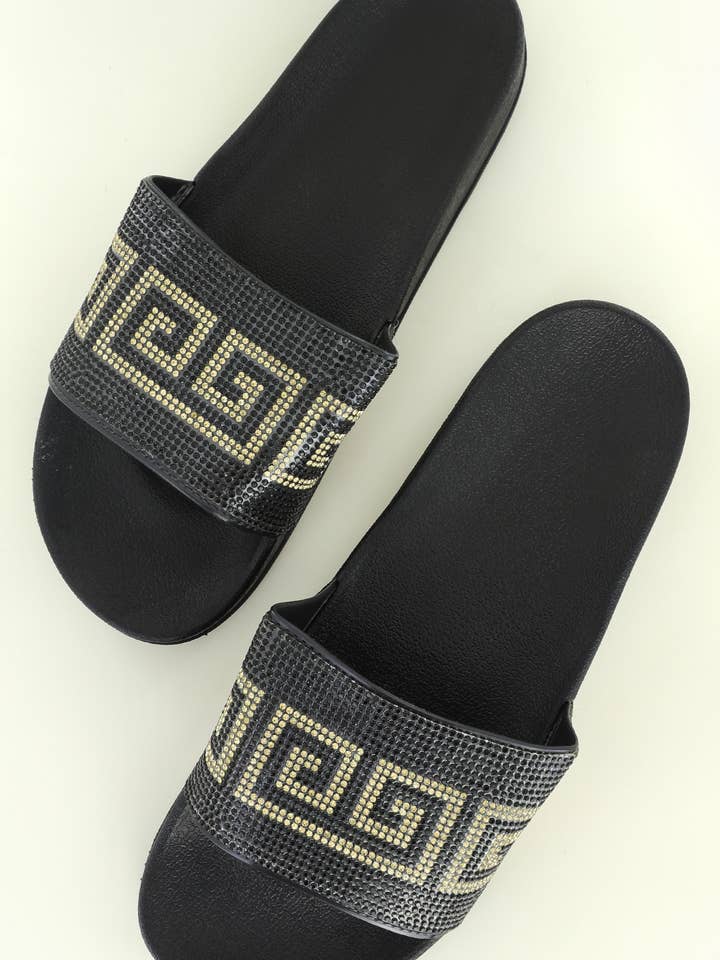 Rhinestone Encrusted Gold Greek Key Pattern Black Slides for wholesale by SP Sophia Collection