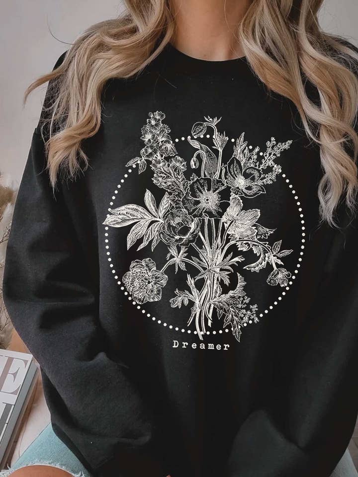Rustee Clothing - Wholesale Graphic Sweatshirt - Women's - DREAMER FLOWER GRAPHIC BRUSHED SWEATSHIRTS0