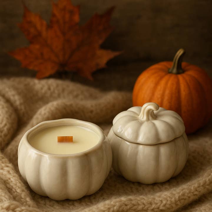 Pumpkin Cashmere - 6oz Ceramic Pumpkin Candl for wholesale by Flame2scent Candle Co.