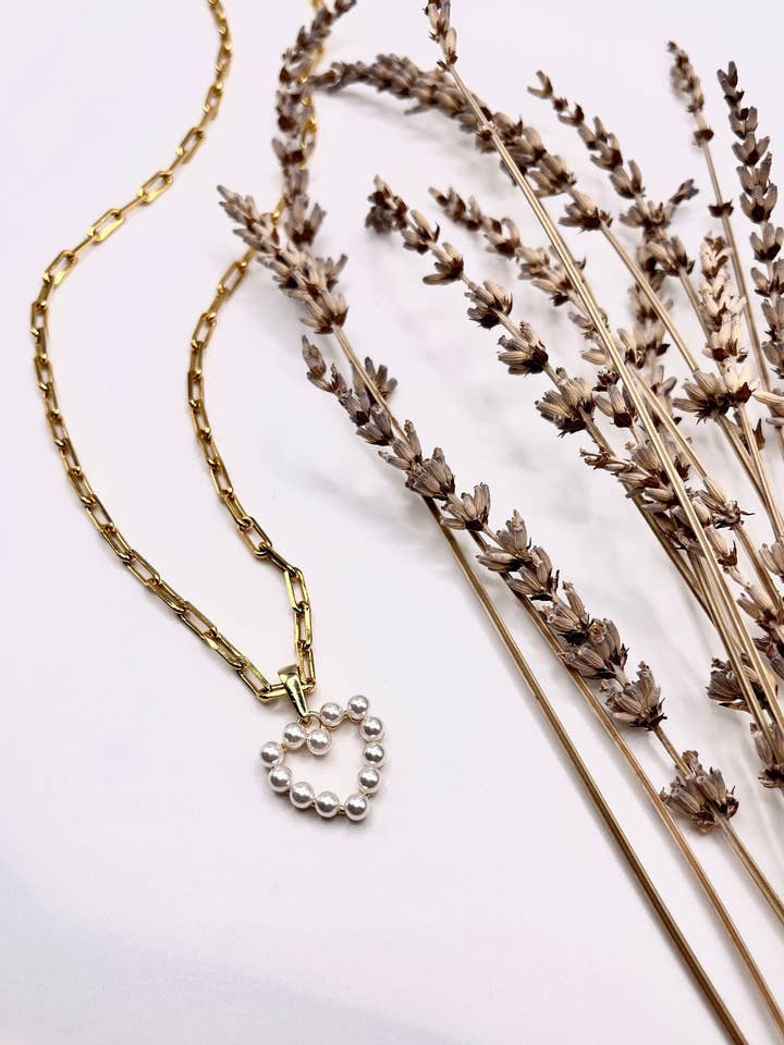 Gold Plated Pearl Heart Charm Necklace for wholesale by Lovely Sunday Jewelry