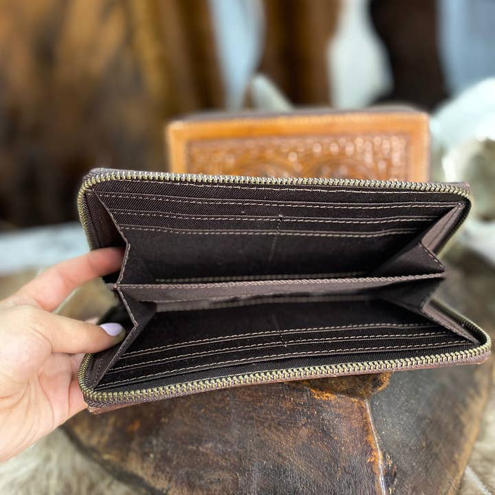 Western Linens - Wholesale Wallet - Women's - Flowers Hand tooled Leather Women's Wallet