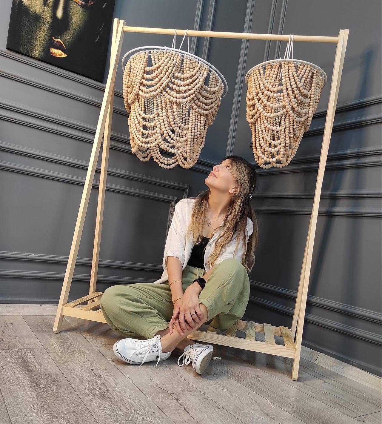 Joy's Arts – wholesale Ljuskrona/hängande ljus – Träpärlampa - Rustik Boho Taklampa - Taklampa i Bondgårdsstil för Sovrum, Barnkammare1