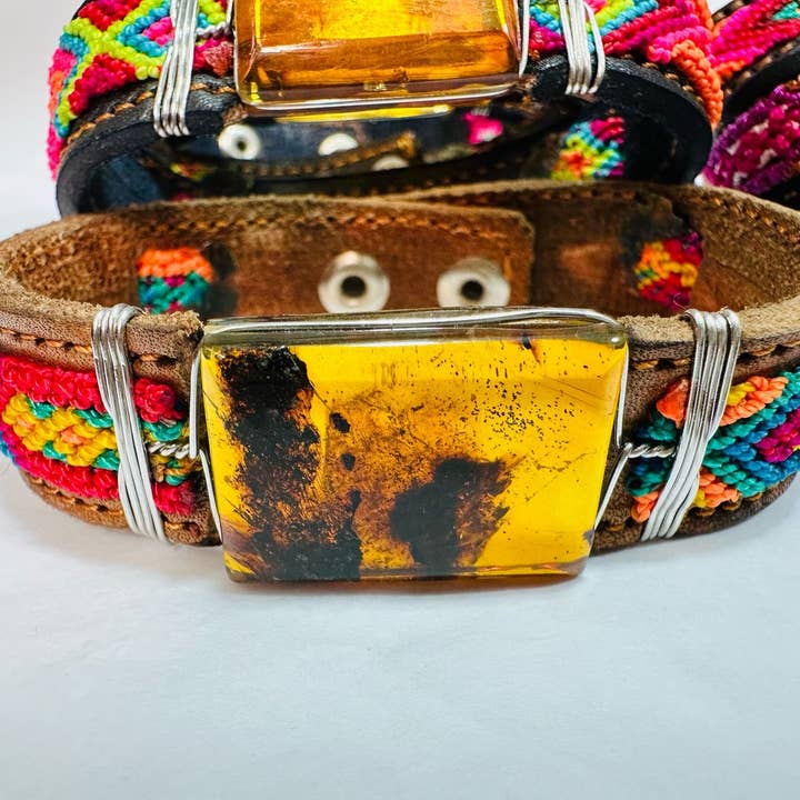 Amber bracelet braided w/leather band for wholesale by Casa Gianella LLC