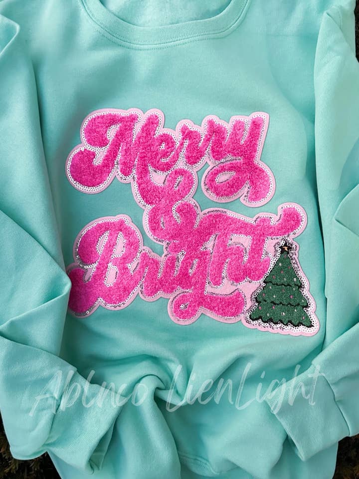 Pink Merry & Bright Christmas Chenille Patch Sweatshirt for wholesale by ABLNco