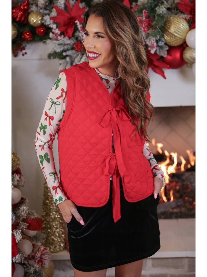 Twila Quilted Tie Vest- Red for wholesale on Faire8
