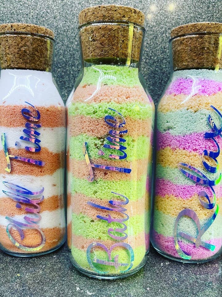 Cork top refillable bath sprinkle jar for wholesale by K’s Crafts Boutique