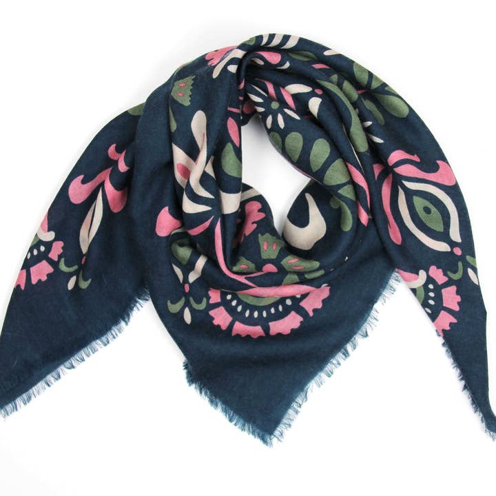 Les Belles Vagabondes - Wholesale Scarf - Women's - Square Wool Tatiana Marine1