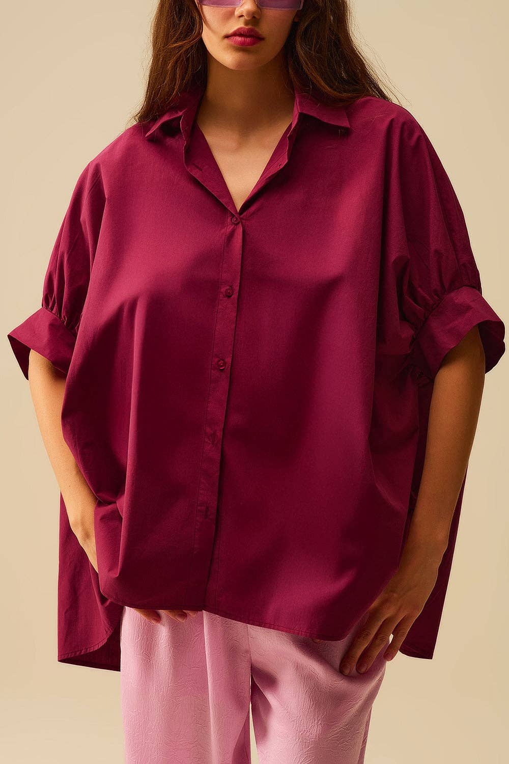 RED Burgundy Oversized Blouse with Short Sleeve for wholesale on Faire3