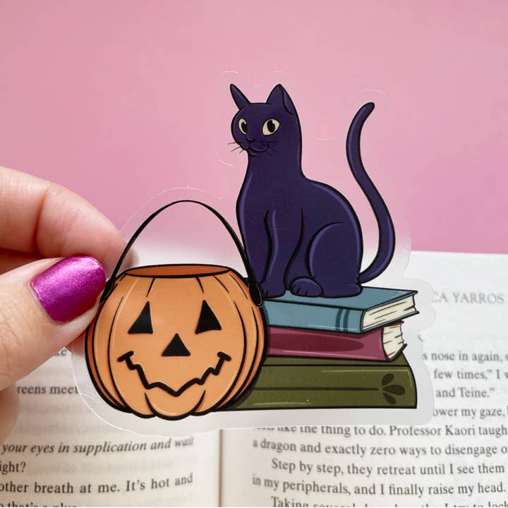 Trick-or-Treat bookish vinyl sticker for wholesale by The Peachy Polka Dot
