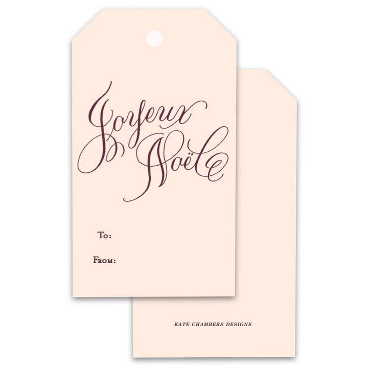 Etichette di Natale Rosa e Prugna Joyeux Noel, Set di 12 per la vendita all'ingrosso da parte di Kate Chambers Designs
