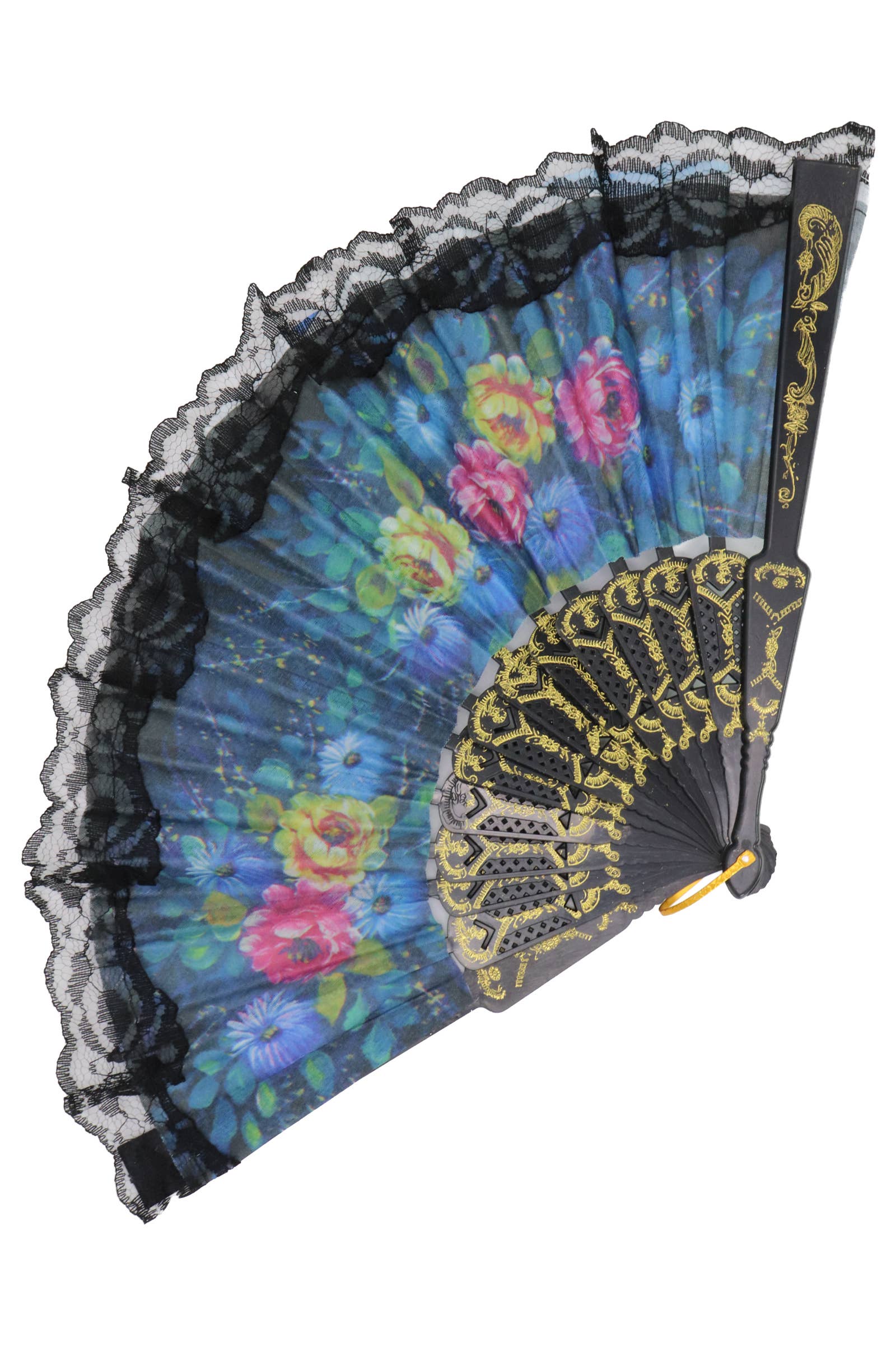 Cap Zone - Wholesale Handheld Folding Fan - Sheer Floral Black Lace Trim Hand-Held Folding Fan5
