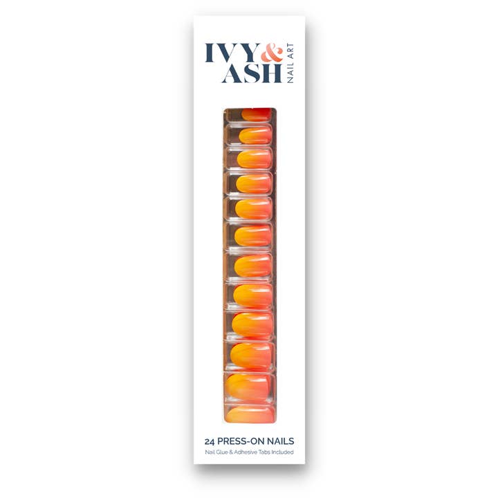Tropical Glow | Coral to Yellow Ombre Press-On Nails Set for wholesale by Ivy & Ash