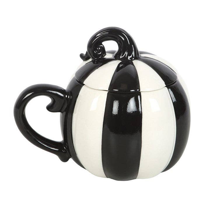 Something Different Wholesale – wholesale Coffee mug – Black and White Striped Lidded Halloween Pumpkin Mug1