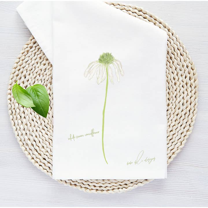 Coneflower TeaTowel, White Swan Coneflower Flour Sack Towel for wholesale by Bebe Blu Designs, LLC