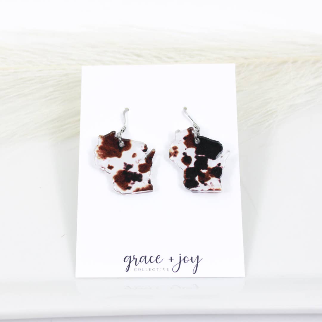 Grace + Joy Collective - Wholesale Dangle Earrings - Wisconsin Cow Print Dangle Earrings, Acrylic Earrings