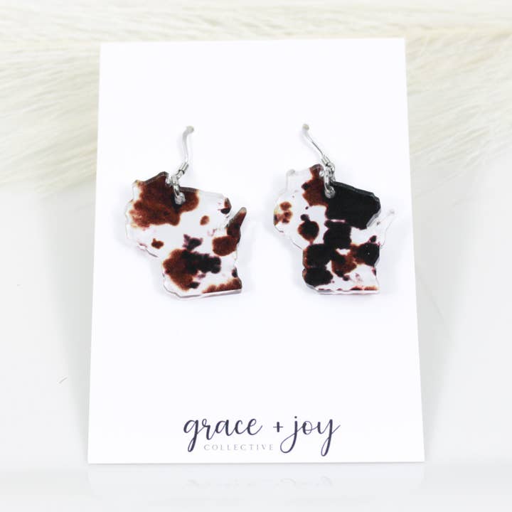 Grace + Joy Collective - Wholesale Dangle Earrings - Wisconsin Cow Print Dangle Earrings, Acrylic Earrings 0