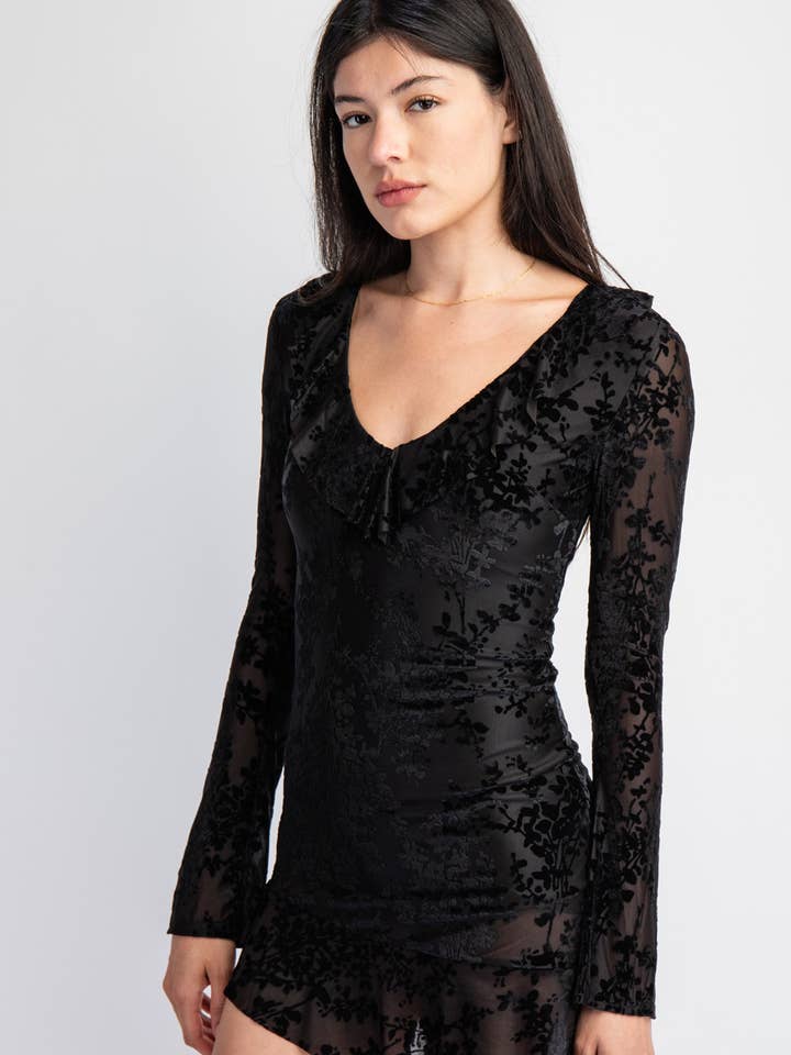 BLK Cd5501 Velvet Burnout Print Mesh Bell Sleeve Ruffled Dress for wholesale on Faire