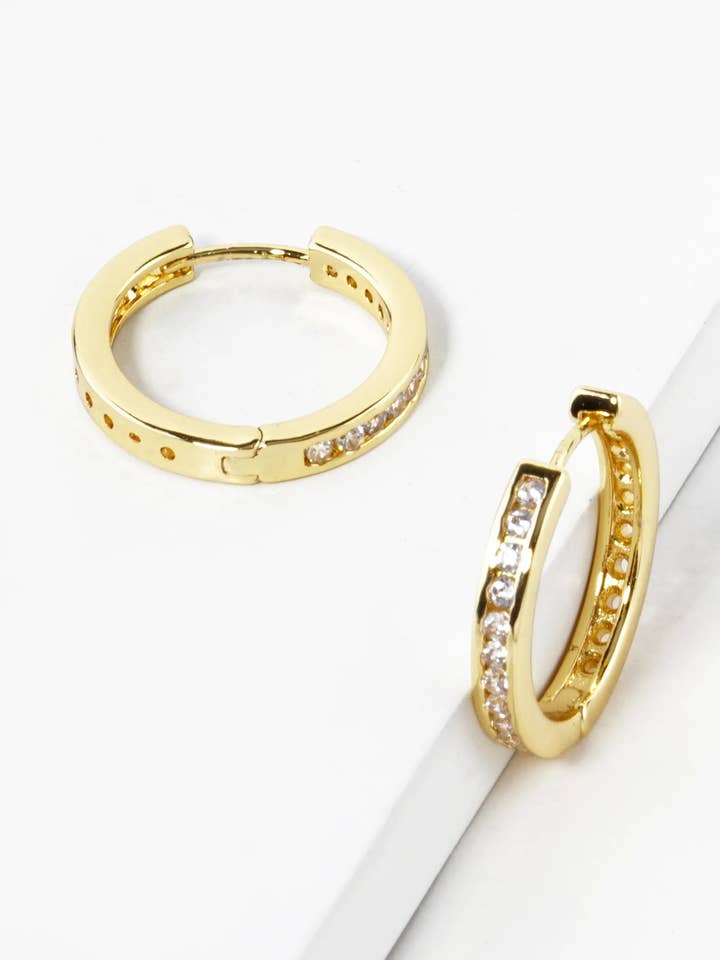 14K Gold Dipped CZ Pave 20mm Huggie Hoop Earrings for wholesale by Wild Honey