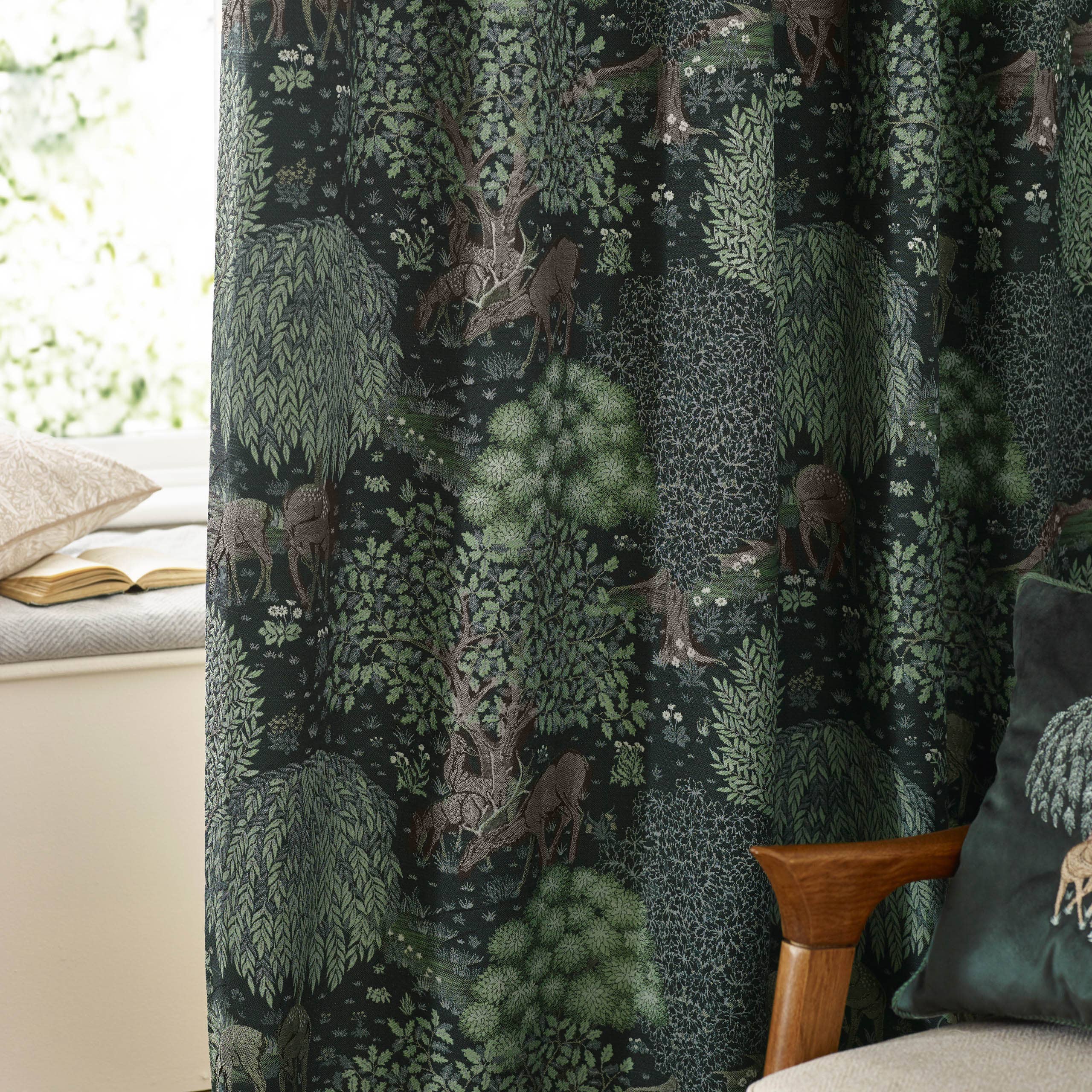 Brook Woodland Jacquard Pencil Pleat Curtains Forest Green for wholesale on Faire4