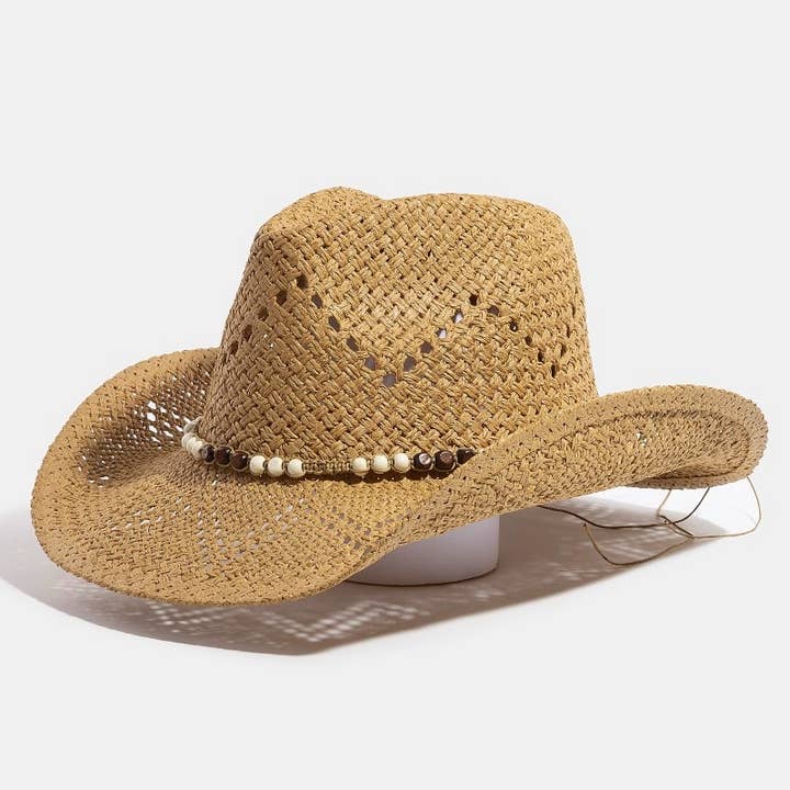 Collections by Fame Accessories - Wholesale Fedora – Women’s - Mixed Beaded Strap Western Fedora Straw Hat0