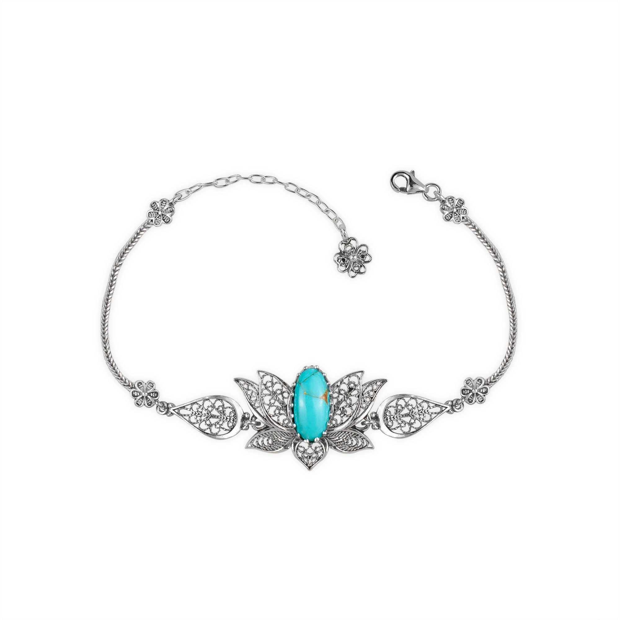 Filigranist Jewelry - Wholesale Link & Chain Bracelet - Multi Gemstone Women Silver Lotus Flower Link Bracelet16