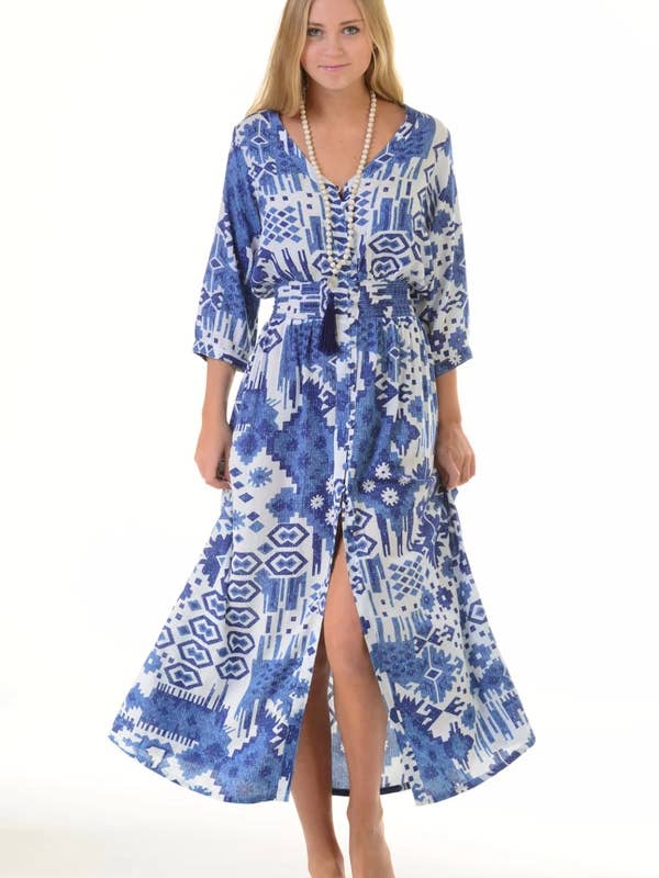 Kelsey Dress Long - Indigo Ikat for wholesale by Walker&Wade