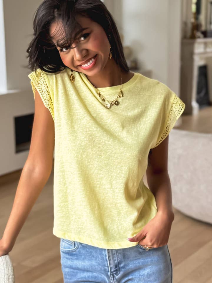 Yellow Cream Lace Patchwork Cap Sleeve Round Neck T Shirt for wholesale on Faire7