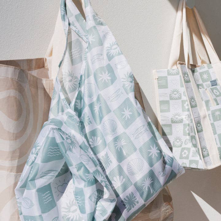 Hello Weekend – wholesale Livsmedels-/Shoppingväska – Neutral Check Sage Green - Vikbar Shoppingväska3