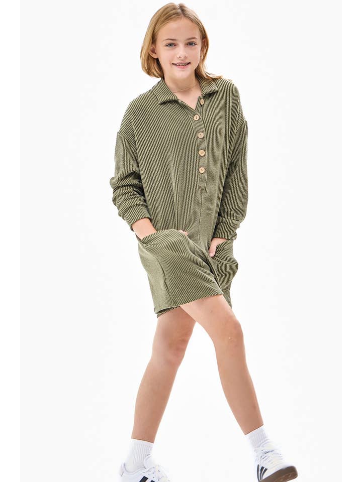 Good Girl - Wholesale Romper - Kids - Embossed Rib Collared Button Up Romper4