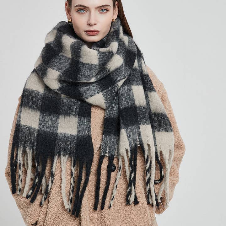 Dipped Shop - Wholesale Scarf - Women's - Plaid Contrast Color Tassel Scarves DPKS1217