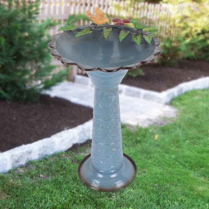 Blue Metal Bird Bath with Birds and Leaves for wholesale by Alpine Corporation