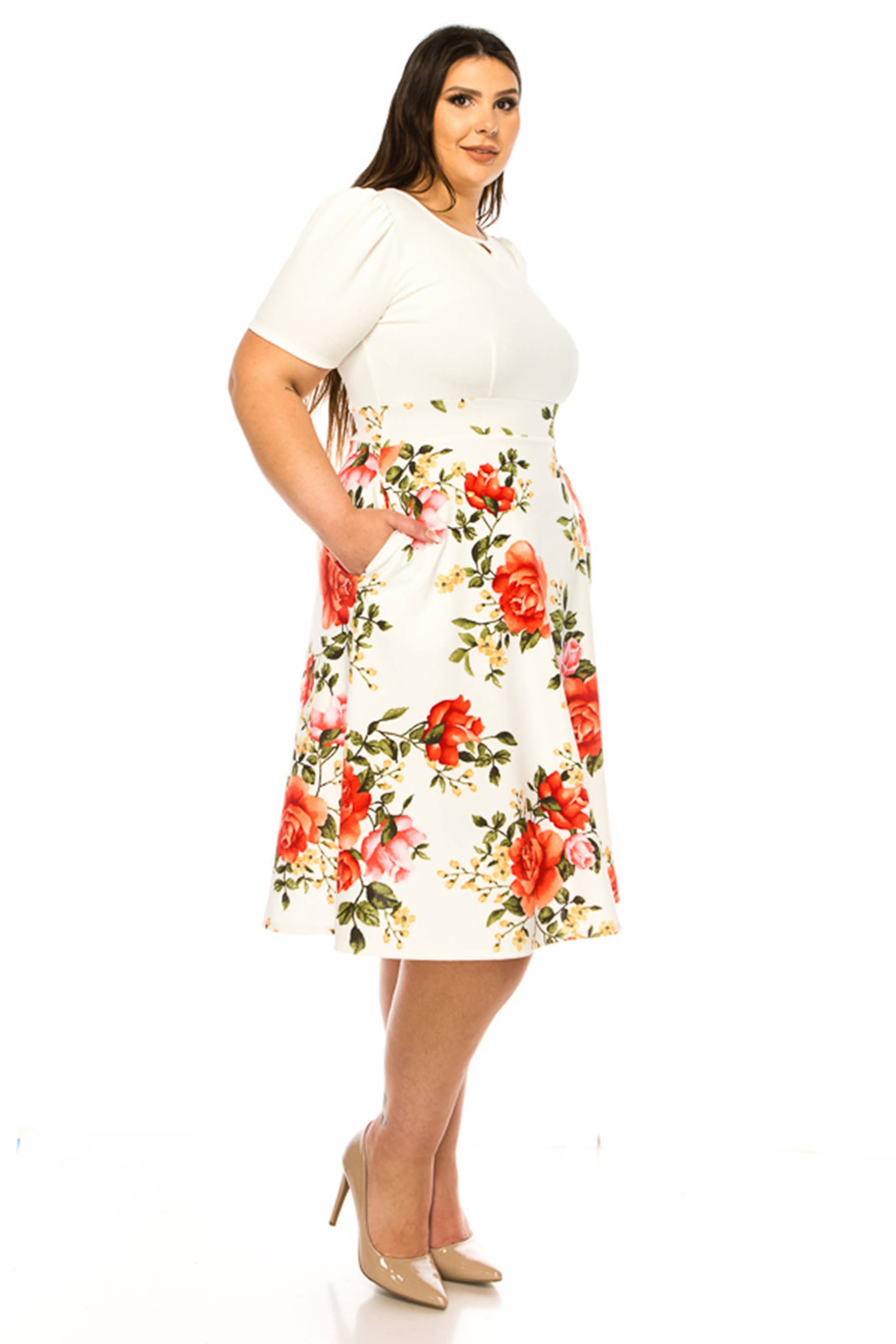 MOA COLLECTION - Wholesale Dress - Women's - Women's Plus Size Dress with Puff Sleeves and Keyhole Front13