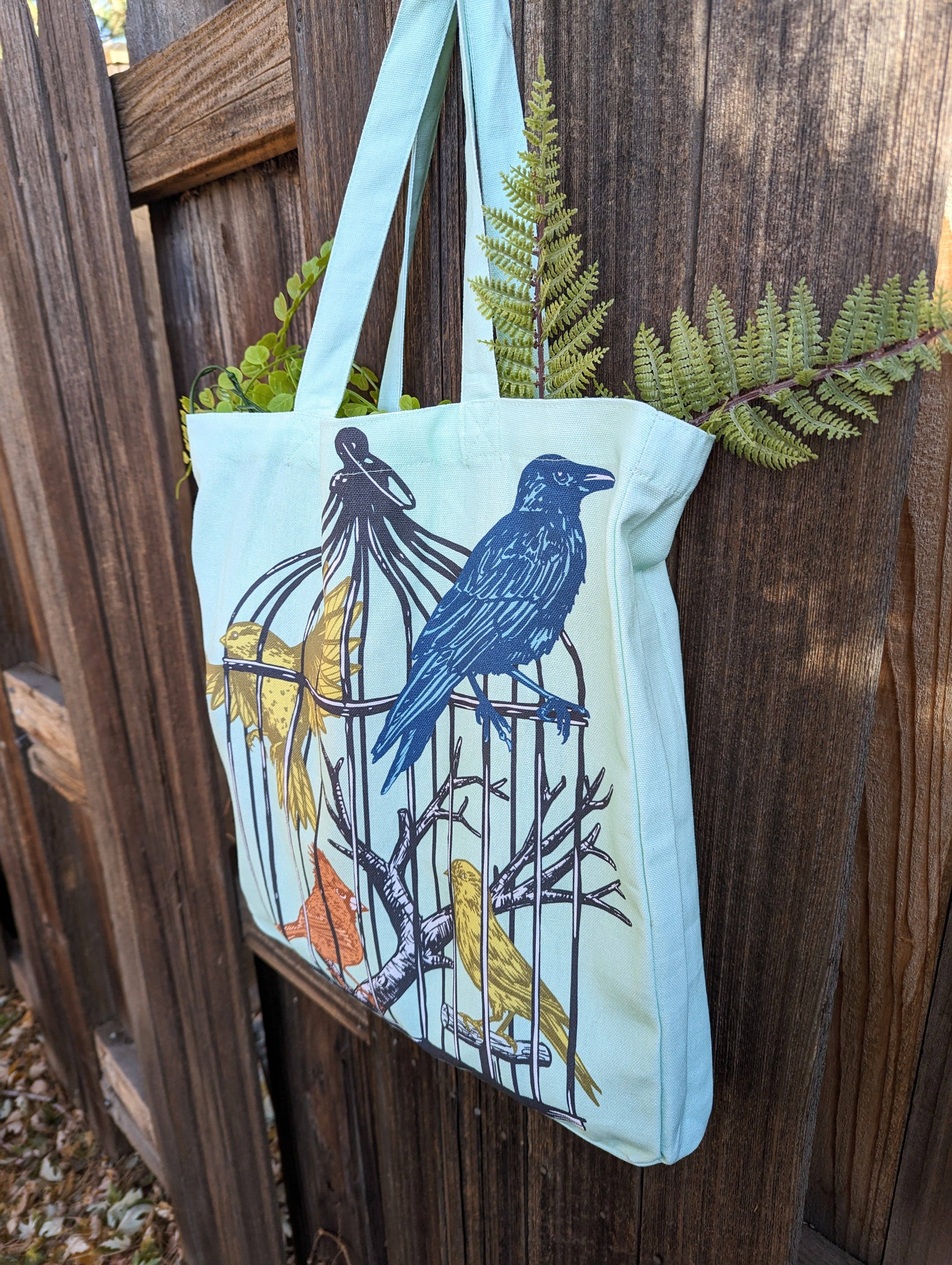 ilikesara | art + goods - Wholesale Tote Bag - Women's - tote bag | caged birds - light blue canvas screenprinted tote4