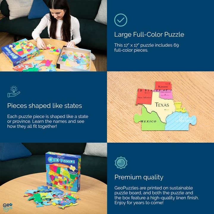 Geotoys - Wholesale Puzzle - Kids - Geotoys GeoPuzzle, 69 USA + Canada Shaped Pieces3