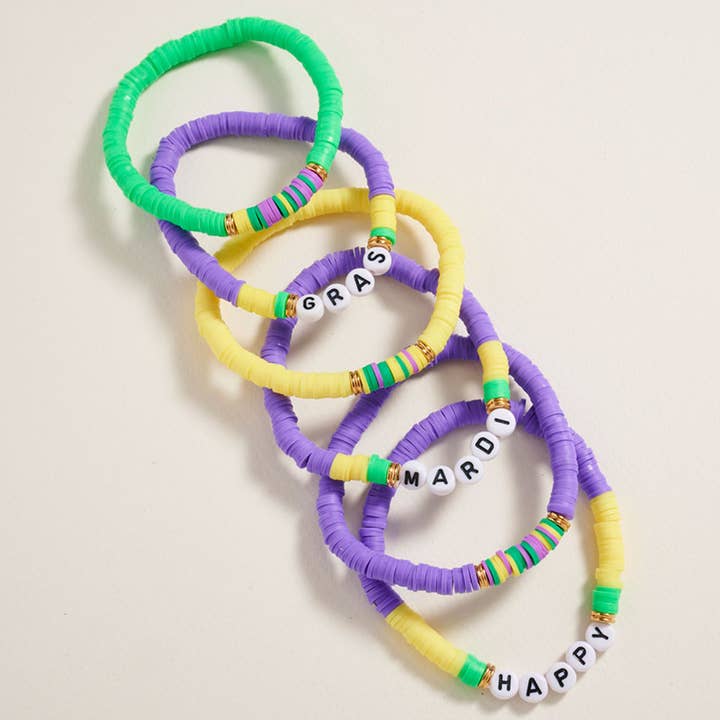 6PCS - Pulseras elásticas multicapa con cuentas Heishi y mensaje de FELIZ MARDI GRAS para venta al por mayor de Sensibling Corp.