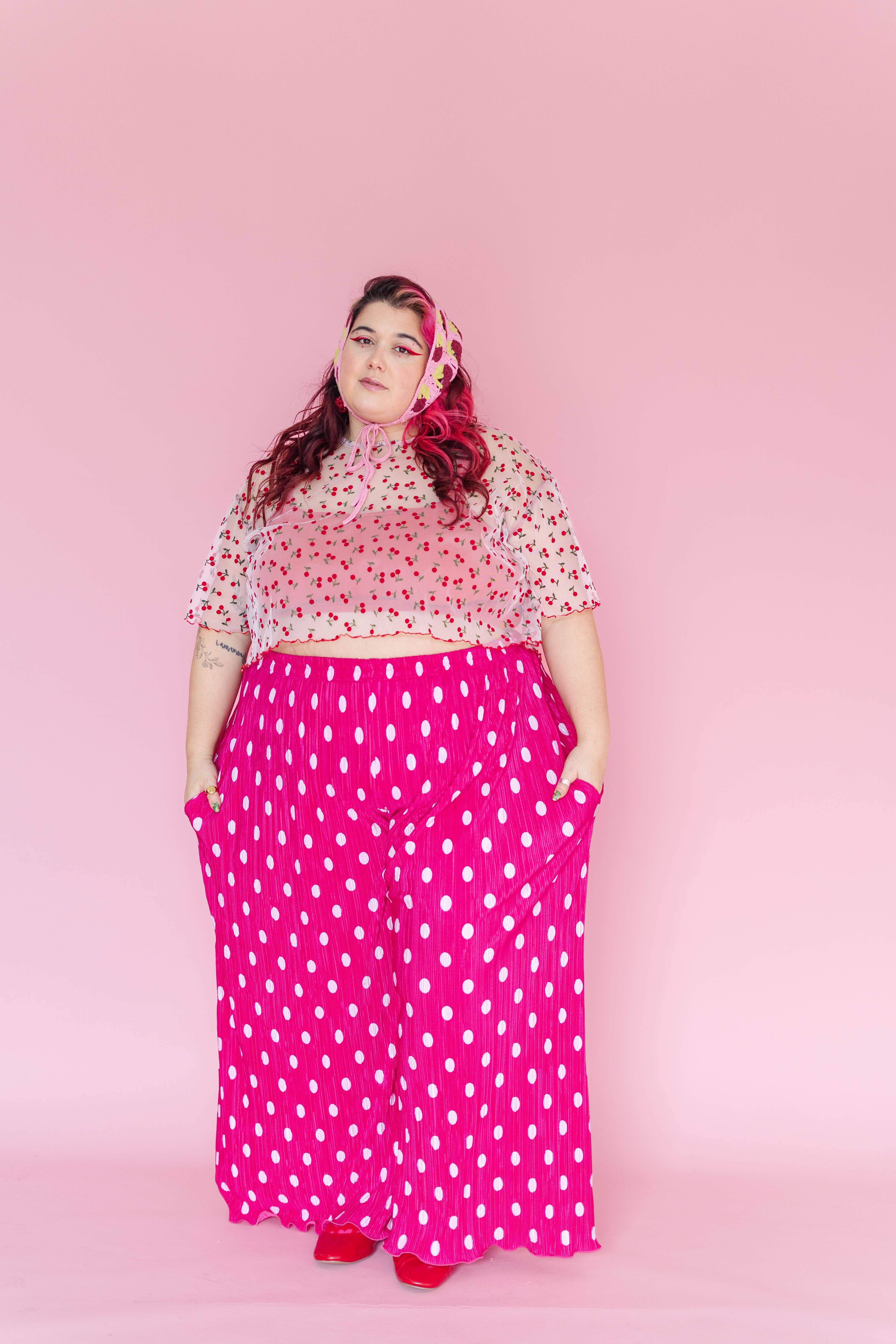 Nettle Studios - Wholesale Pants - Women's - Size Inclusive Hot Pink & White Polka Dot Pleated Flare Pant27