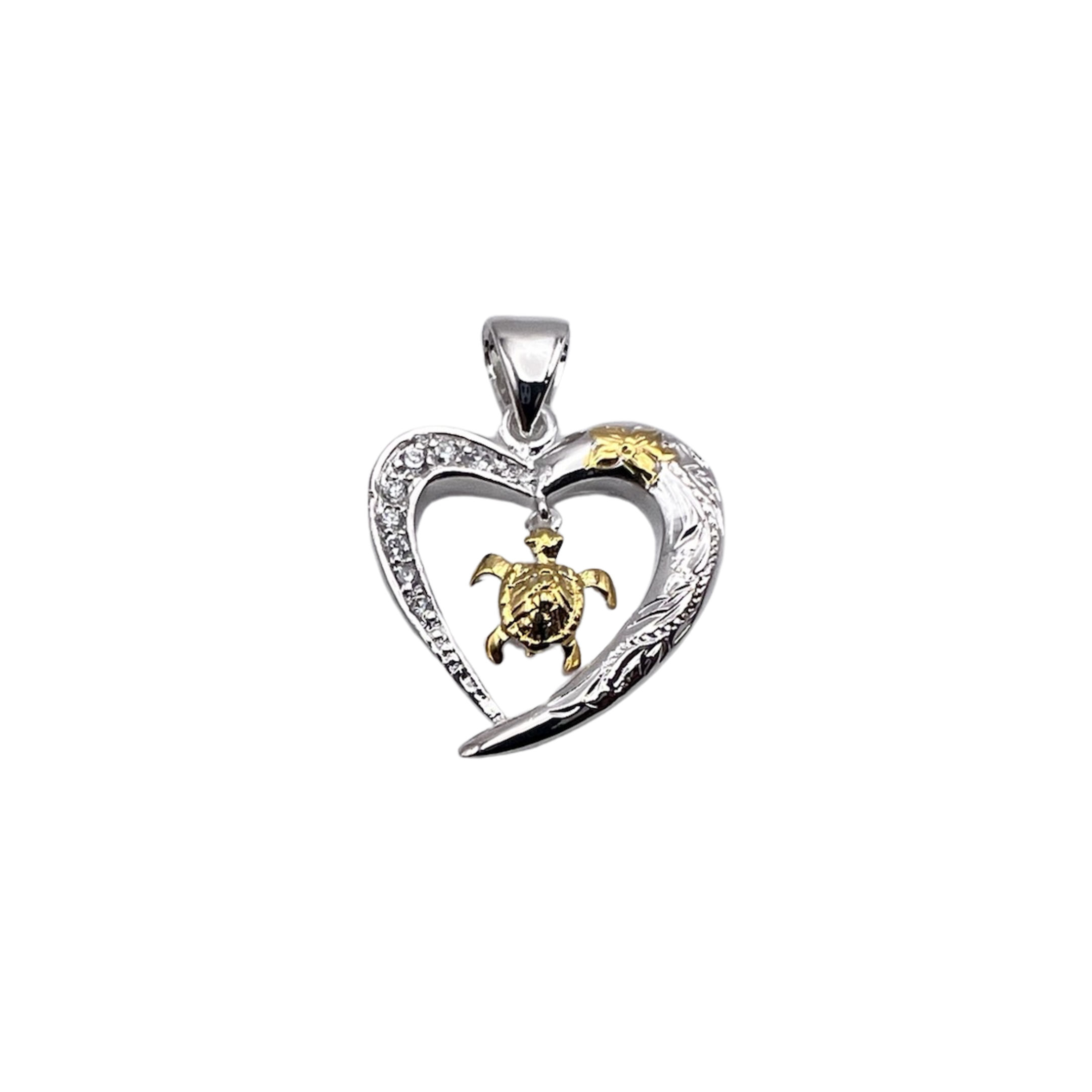 Silver With Gold And White CZ Honu Heart Pendant for wholesale on Faire0