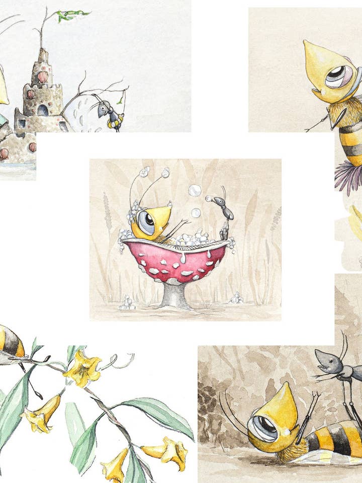Little Bee Notecard Set, 5"x7" Notecard Set With 5 Notecards for wholesale by Katie Crawford Art