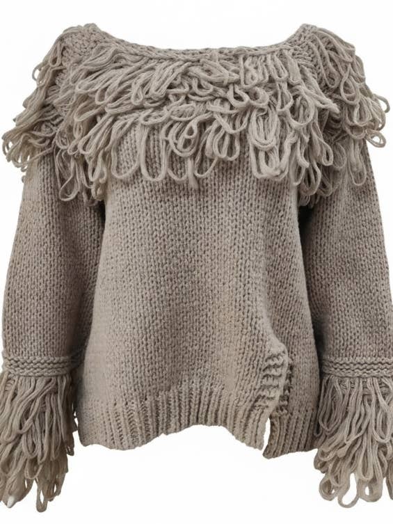 WF2789 MAGLIONE LAVORATO A MAGLIA IN PIETRA CON DETTAGLIO A RICCIOLI per la vendita all'ingrosso da parte di Malissa J Collection