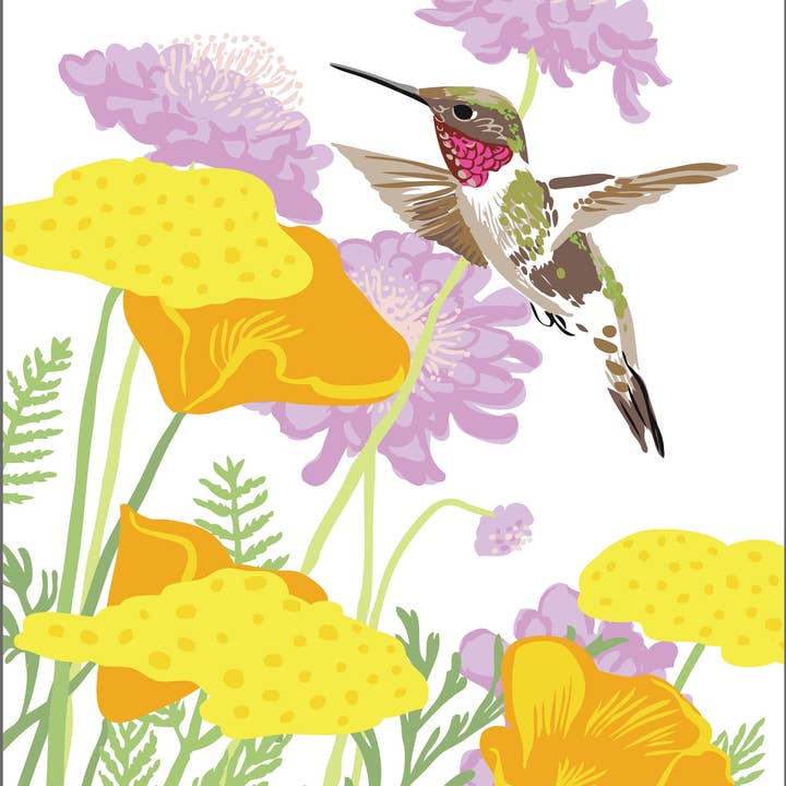 Impression artistique de colibri mignon et de fleurs de jardin pour la vente par Rigel Paper