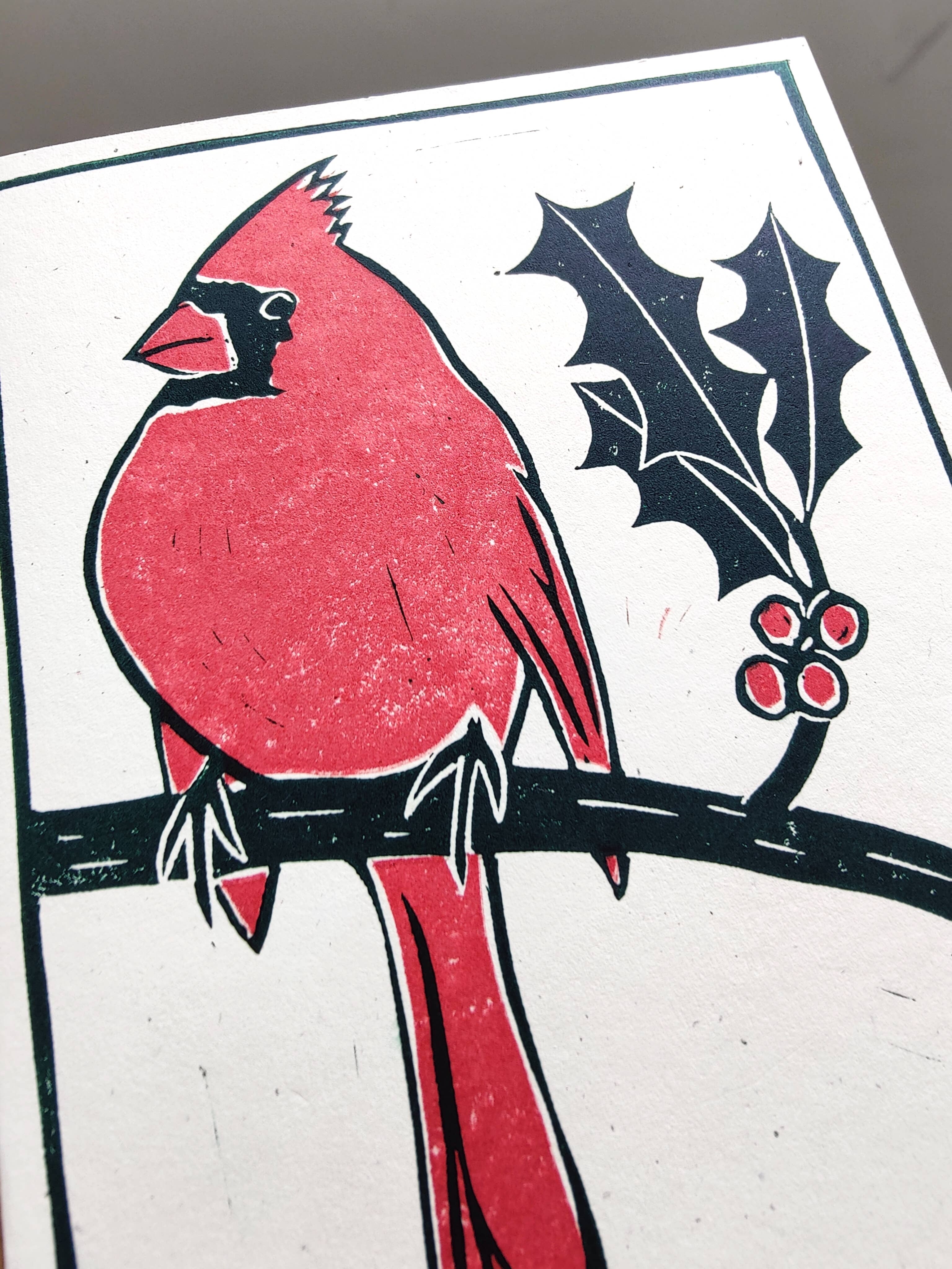 Winter Pickle Press - Wholesale Christmas Card - Handprinted linocut holiday cardinal folded card2
