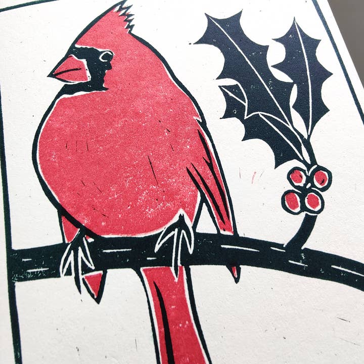 Winter Pickle Press - Wholesale Christmas Card - Handprinted linocut holiday cardinal folded card2