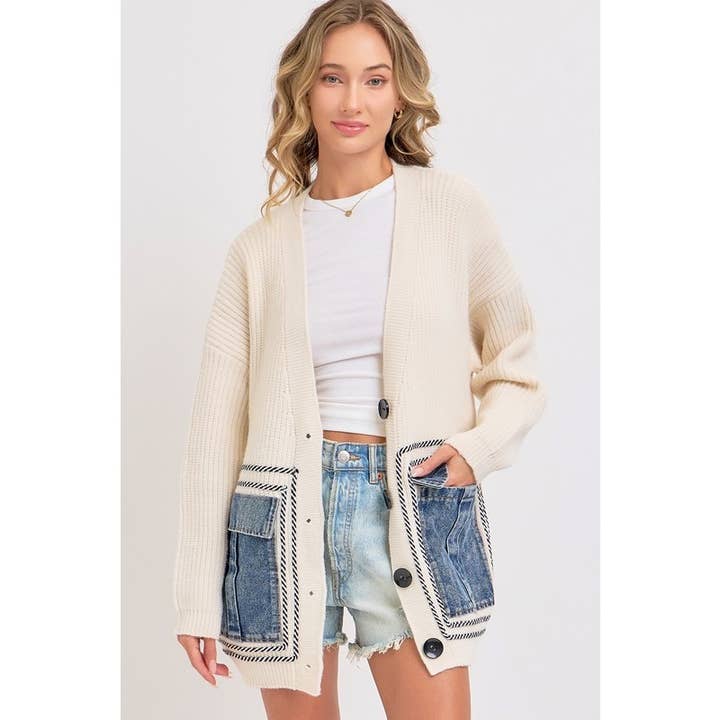 IVORY Knit Sweater Cardigan with Denim Pockets for wholesale on Faire3