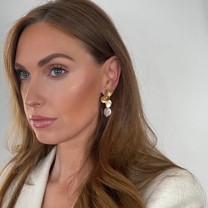 Nicholls Jewellery - Wholesale Dangle Earrings - Gold Folded Flower Pearl Earrings