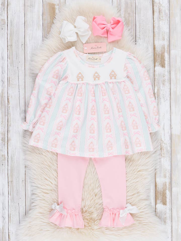 Marie Nicole Clothing - Wholesale Top & Leggings Set - Kids - Pink Gingerbread House Ruffle Outfit0