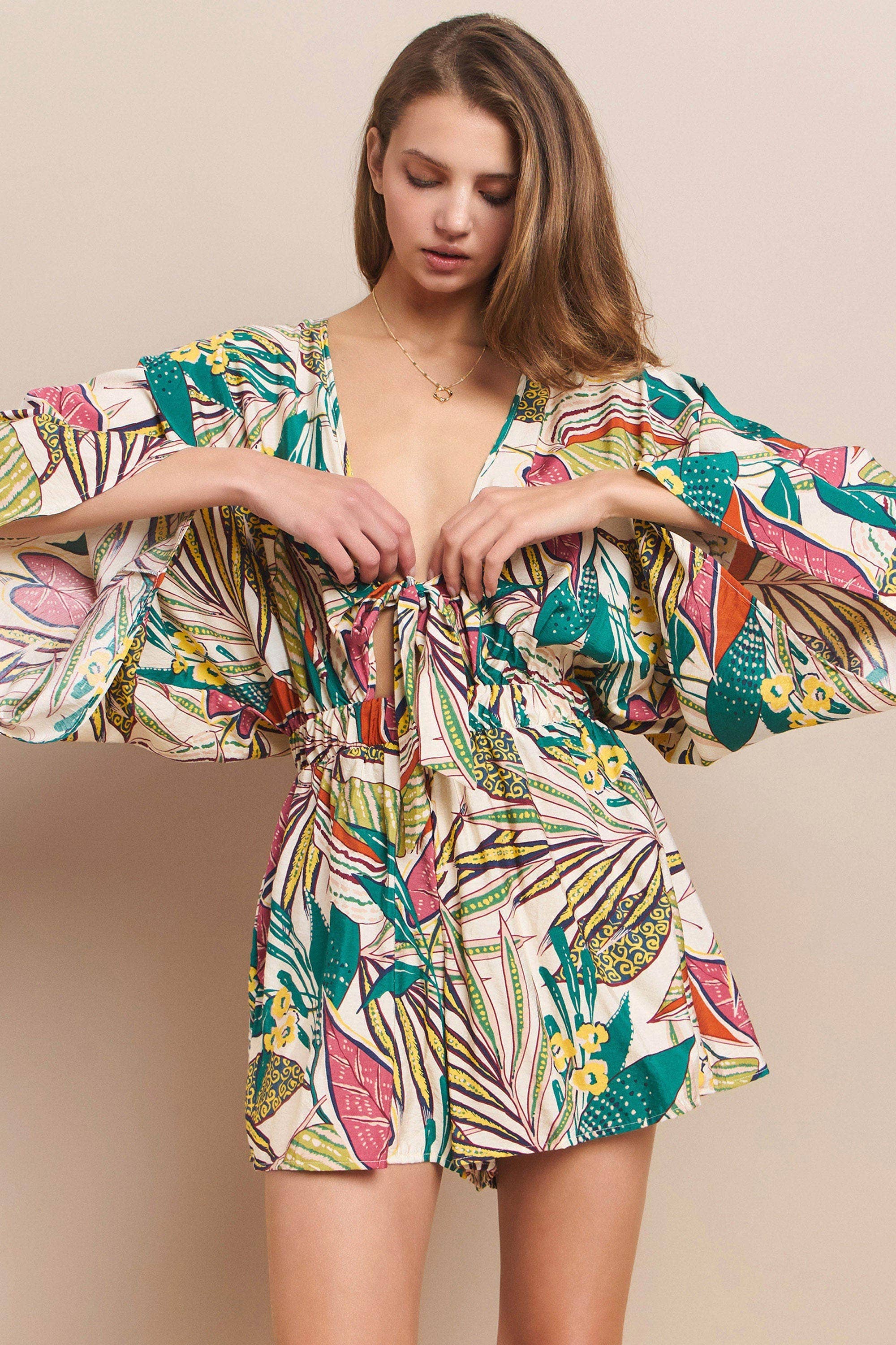 IVORY MULTI BATWING SLEEVED BOHO TROPICAL PRINT ROMPER 4411RH  for wholesale on Faire2